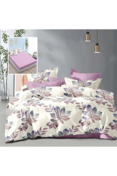 Pucioasa Double bed linen 6 pieces with elastic, pastel lilac leaves