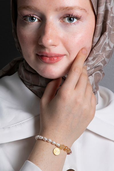 OSMANLI DOĞAL TAŞ Sacred Chakra Sunstone, Citrine, R. Quartz, Pearl Silver Charm-Apparatus Natural Stone Bracelet Sk:083