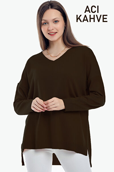 ALCHON V-neck Long T Sleeve Back Long Front Short Slit Loose Cut Seasonal Basic Loose Knitwear Sweater