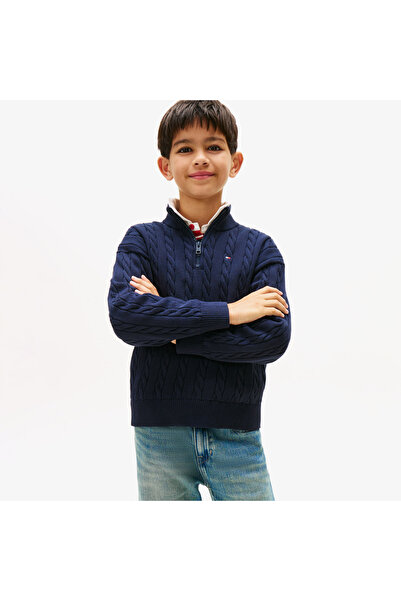 Tommy Hilfiger Cotton Cable Çocuk Mavi Yarım Fermuarlı Triko
