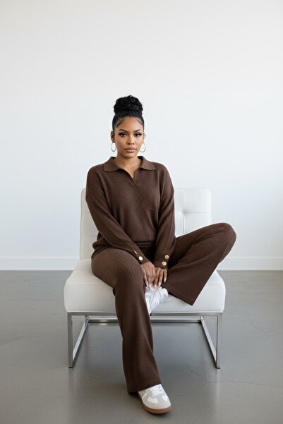 NEWCO Ribbed Polo Neck Knitwear Set with Front Pocket Detail, Wide Leg, Gold Button Cuffs