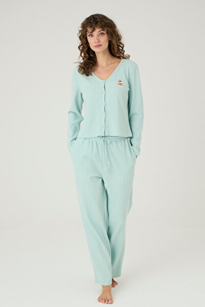 İPEKTENİM Sevimli Figür Nakış Detaylı V Yaka Düğmeli Waffle Pijama Takımı