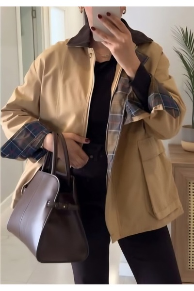 Butik N&G Yakası Kadife Ekose Astarlı Trenç