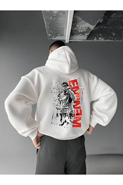 ELNOYA سويت شيرت كاجوال بأكمام طويلة للجنسين باللون الأبيض مطبوع من نوع 'إمينيم'