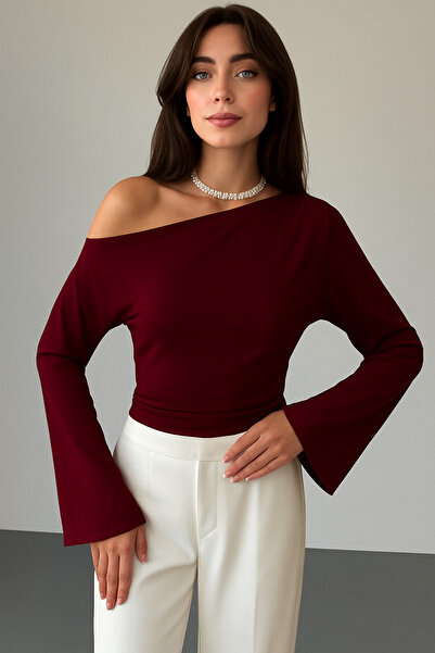 Tarz Cool Women's Asymmetrical Shoulder Wide Sleeve Slim Fit T-Shirt