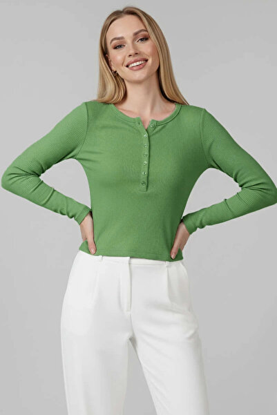 ZENGEZUR MALL Lvsqvr Snap Detailed Blouse Green T4343 (182831) (Size: S)