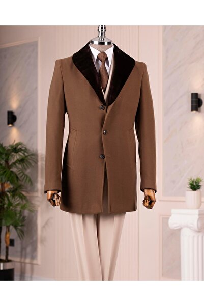 TerziAdemAltun Ανδρικό παλτό με γούνινο γιακά ιταλικού στυλ από μαλλί μεικτό κασετίνα μπεζ T14960