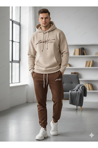 kahire Erkek Kapüşonlu Kışlık "Limited" Baskılı Eşofman Takımı-Alt Üst Takım