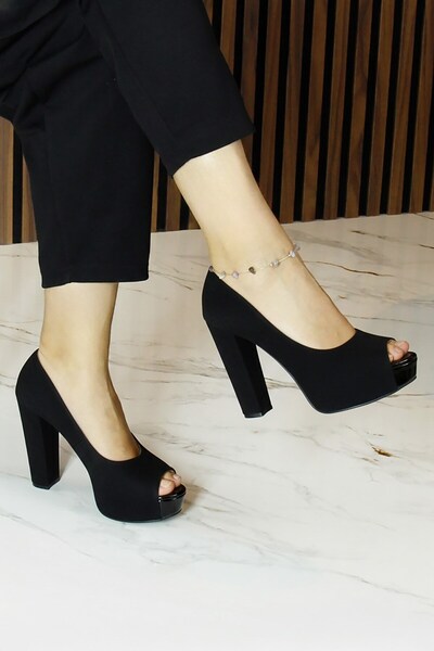 Erkan Saçmacı Carolina Black Suede Open Front Round Toe Thick Platform Heeled Evening Dress Shoes