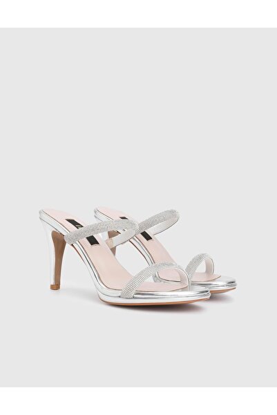 İLVİ Fers Genuine Leather Women's Silver Stone Heeled Slippers