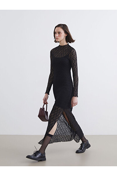 LC Waikiki Μαύρο φόρεμα ψηλός λαιμός Lace Bodycon