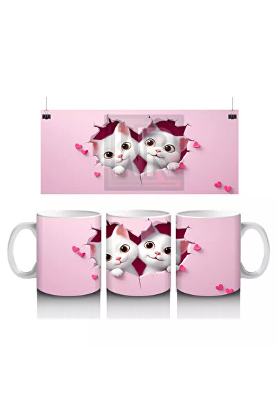 Wisdom Rain قطتان لطيفتان تنظران إلى الأرض مع قلب وردي - كوب قهوة مطبوع