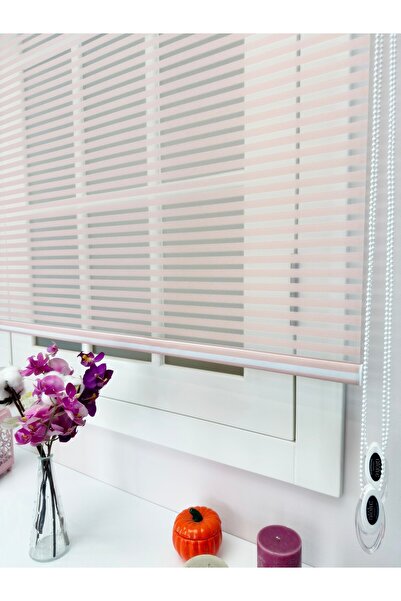 atölyeperde Atölye Perde Çiftli Sistem Pembe Kalın Çizgili Tül ve Stor