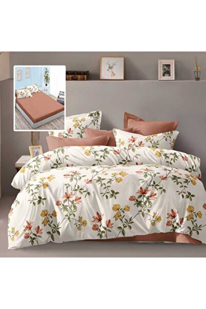 Pucioasa Double bed linen 6 pieces with elastic, yellow orange floral