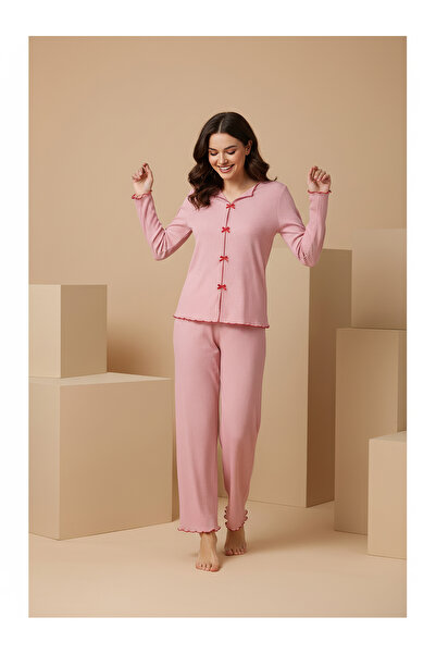 rindahomewear Corded Fabric Soft Cotton Bow Detail Long Sleeve Women's Pajama Set