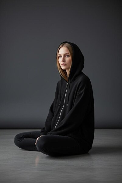 BUSEM Kapşonlu Premium Oversize Fermuarlı İçi Tüylü Hırka Sweatshirt-Siyah