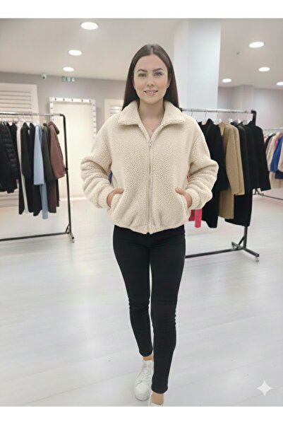 PINTORE Women's Cream Zippered Curly Fabric Short Jacket