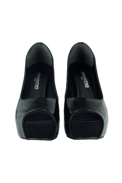 Erkan Saçmacı Carolina Black Patent Leather Open Front Round Toe Thick Platform Heeled Evening Dress Shoes