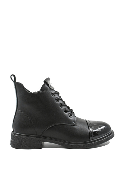 PASS Collection Black Low Ankle Boots, Leather, Croco Patent Tip