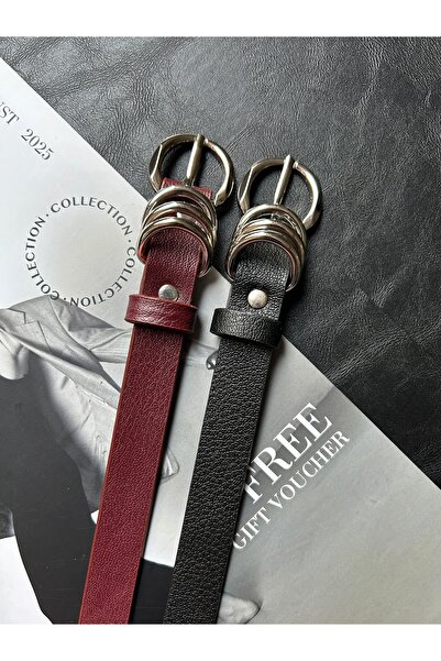 LİA KEMER 2-Piece Merge Multi-Ring Pattern Women's Silver Buckle Belt Coat Belt Dress Belt Trouser Belt