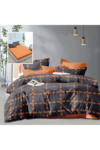 Pucioasa Double bed linen 6 pieces with elastic, geometric orange