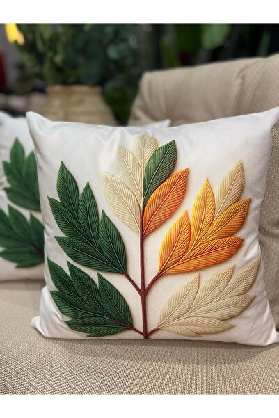Ekodoğa 3D Dijital Baskı 2'Li Krem Zemin Üzerine Büyük Yapraklı Kırlent Kılıfı