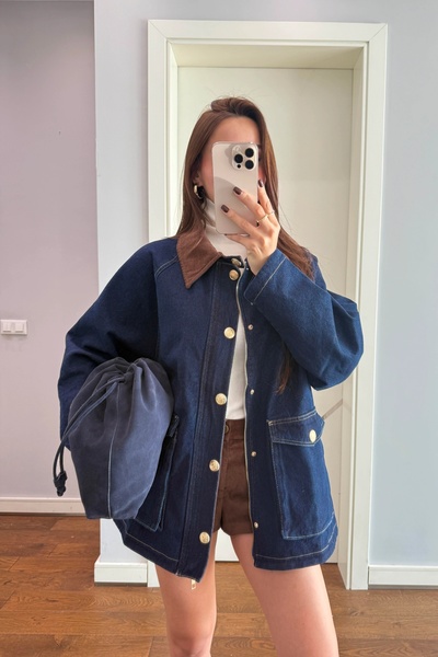 SHILSEE BEUTİQUE Women's Velvet Collar Gold Buttoned Long Denim Jacket Navy Blue