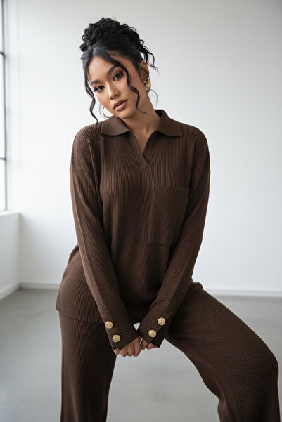 NEWCO Ribbed Polo Neck Knitwear Set with Front Pocket Detail, Wide Leg, Gold Button Cuffs