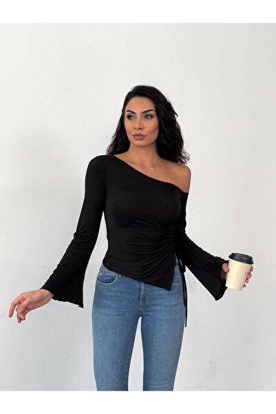 Cuyka بلوزة نسائية بأكمام طويلة وياقة غير متماثلة وكتف واحد فستان بتجاعيد مجم...