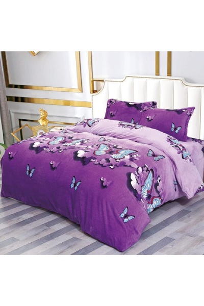 OEM Bed linen, Cocolino, 2 persons, 4 pieces, with elastic, purple, with butterflies, CC452