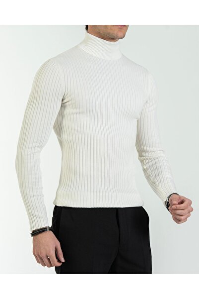 TerziAdemAltun Italian Style S Slim Fit F Corded Fabric High-Neck Knitwear Men's Sweater Ecru T10623