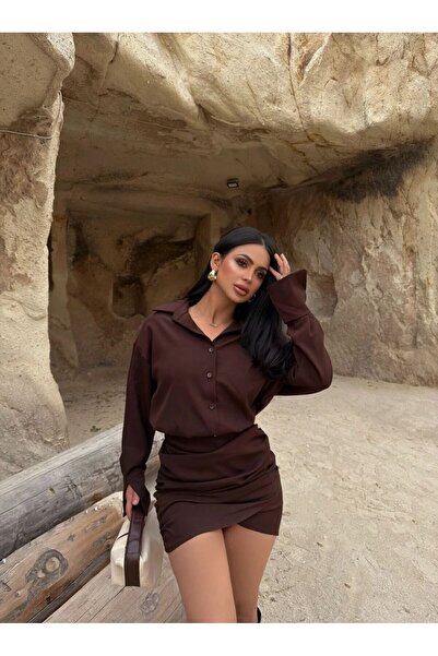 aytenli Μίνι φόρεμα πουκάμισο με μισό κουμπί στο γιακά πουκάμισου, ασύμμετρη φούστα με πλαϊνό κορδόνι, φαρδιά φούστα, στενό μανίκι με μανσέτες