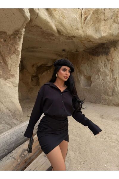 aytenli Shirt Collar Half Button Asymmetrical Hem Side Ruched Top Loose Skirt Tight Sleeve Cuffed Mini Shirt Dress