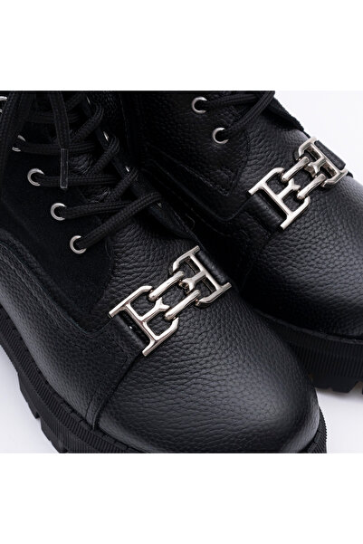 VAGAM Black Genuine Leather Boots with Laces and Zipper
