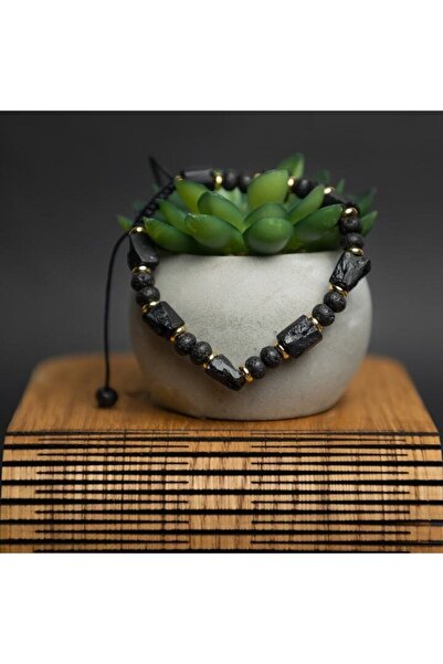 Ezera - Men's cord bracelet with black tourmaline and lava beads, adjustable