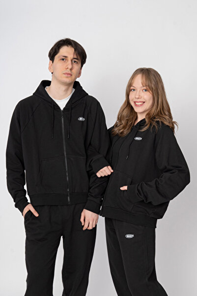 Broco Unisex Oversize Fermuarlı Kapüşonlu Siyah Basic Sweatshirt