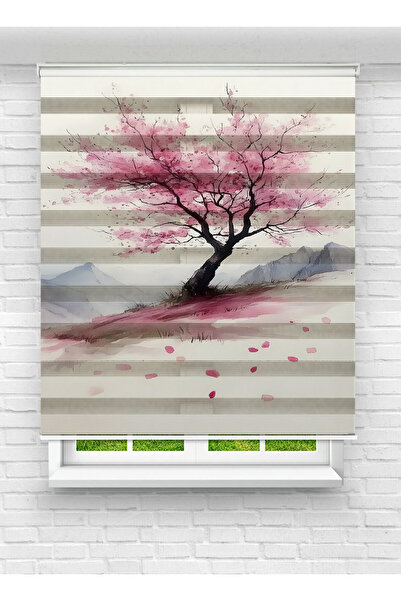 vanilyahome Pembe Sakura Ağacı Dağ Manzaralı Dijital Baskılı Zebra Stor Perde