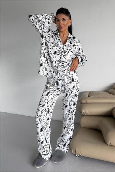 COCCOLARSI Cagnolino Carino Beyaz Saten Uzun Pijama Takımı