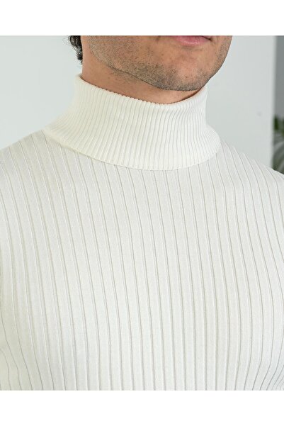 TerziAdemAltun Italian Style S Slim Fit F Corded Fabric High-Neck Knitwear Men's Sweater Ecru T10623