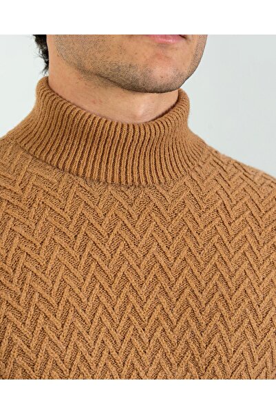 TerziAdemAltun Italian Style S Slim Fit Turtleneck Knitwear Men's Sweater Camel T10606