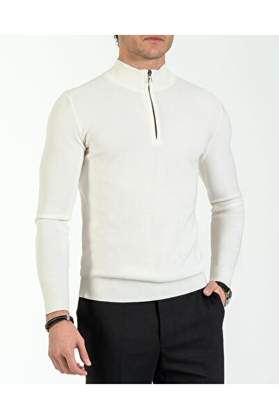 TerziAdemAltun Italian Style S Slim Fit Zipper Half Herringbone Knitwear Men's Sweater Ecru T13532