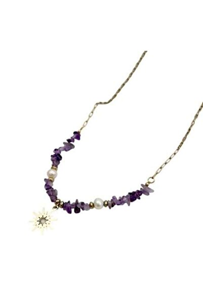 Ezera Colier boho — așchii de ametist cu mărgele din oțel inoxidabil placate cu aur de 14K