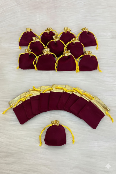 LE FANTASİA Bordo Gold Kadife Minik Kese, 10 Adet - 7x9cm, Altın Kesesi, Takı...