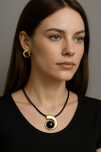 BESMYAR JEWELS Gold Black Stone Necklace Earrings- Necklace Earring Set-Jewelry Set