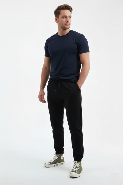 fh fashionhere Men's Elasticated Cuffs 3 Thread Cotton Soft Jogger Black Sweatpants