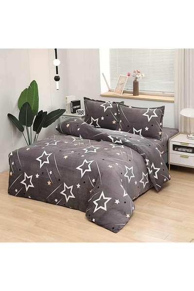 OEM Bed linen, Cocolino, 2 persons, 4 pieces, with elastic, gray, with white stars, CC4047