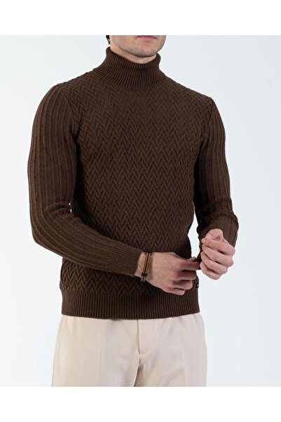 TerziAdemAltun Italian Style S Slim Fit Turtleneck Knitwear Men's Sweater Brown T10610