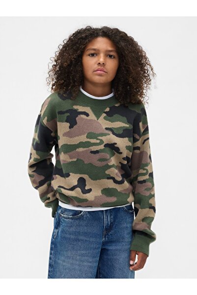 GAP Erkek Çocuk Kamuflaj Relaxed Bisiklet Yaka Kazak