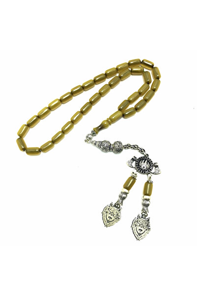 KANUNİ TESBİH سبحة كهرمان مضغوطة بتصميم شرابة فضية ثقيلة مقطوعة على شكل كبسولة