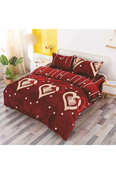 OEM Bed linen, Cocolino, 2 persons, 4 pieces, with elastic, dark red, with golden hearts, CC4044